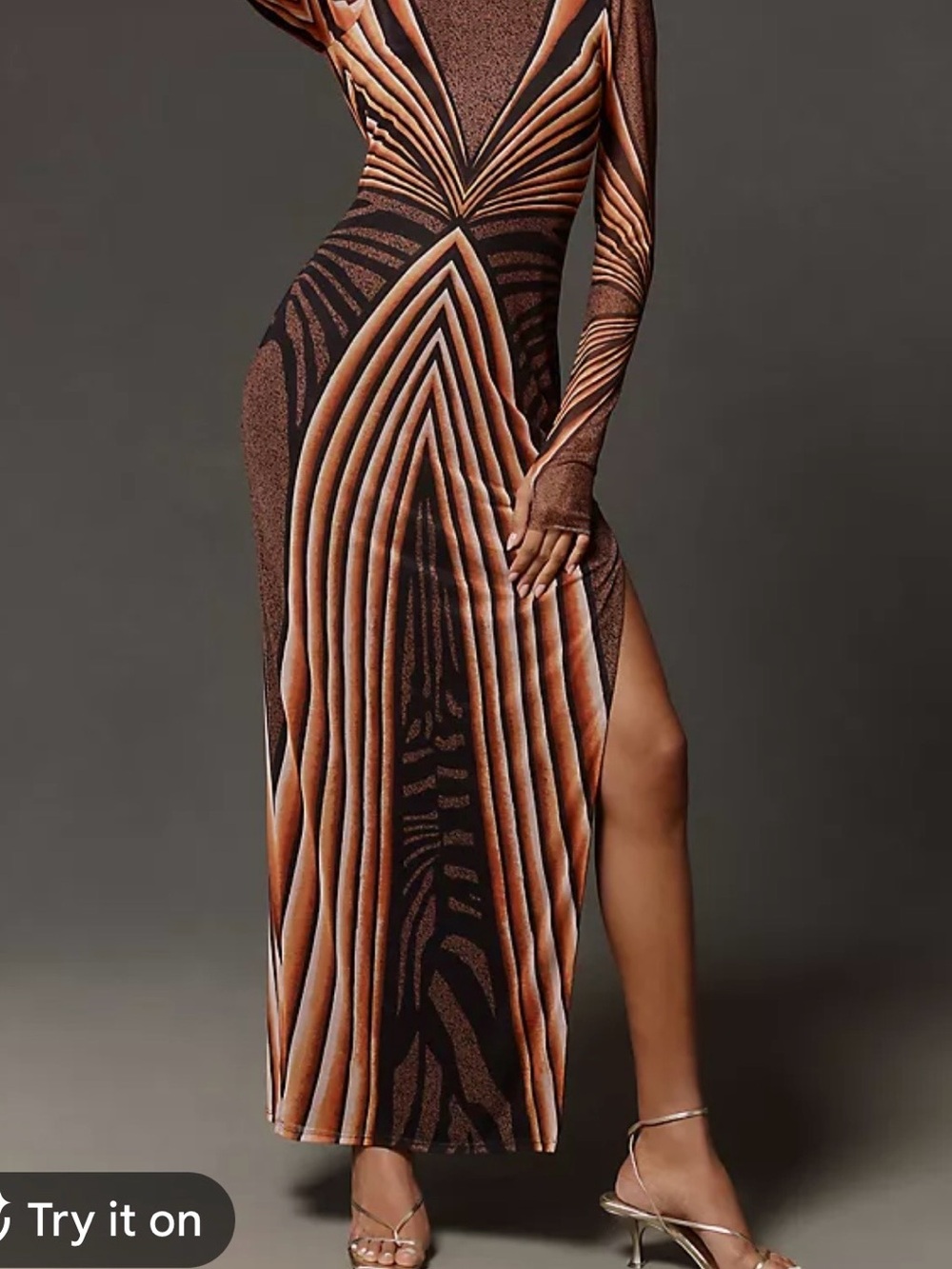 AFRM brand Brown Sculpted Bodycon Maxi Dress with Geometric Stripe Detail